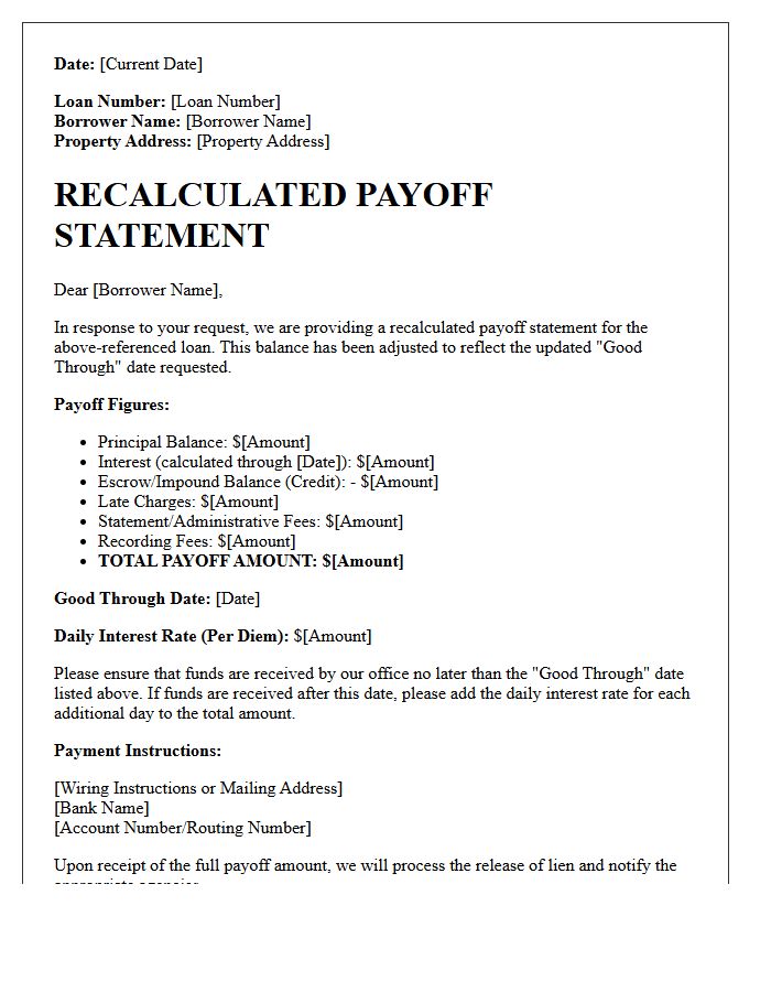 Recalculated Good Through Date Balance Payoff Letter