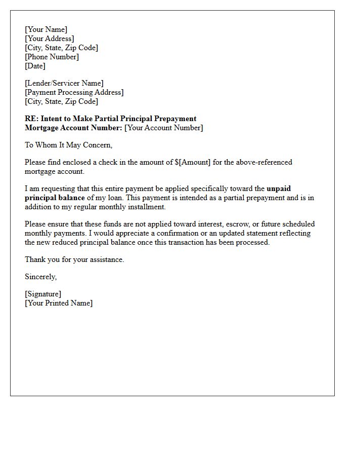 Borrower Intent for Partial Mortgage Payoff Letter