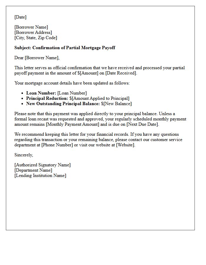 Confirmation of Partial Mortgage Payoff Letter