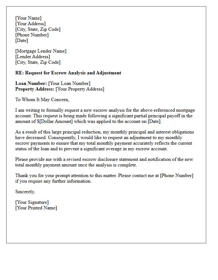 Escrow Adjustment Partial Mortgage Payoff Letter