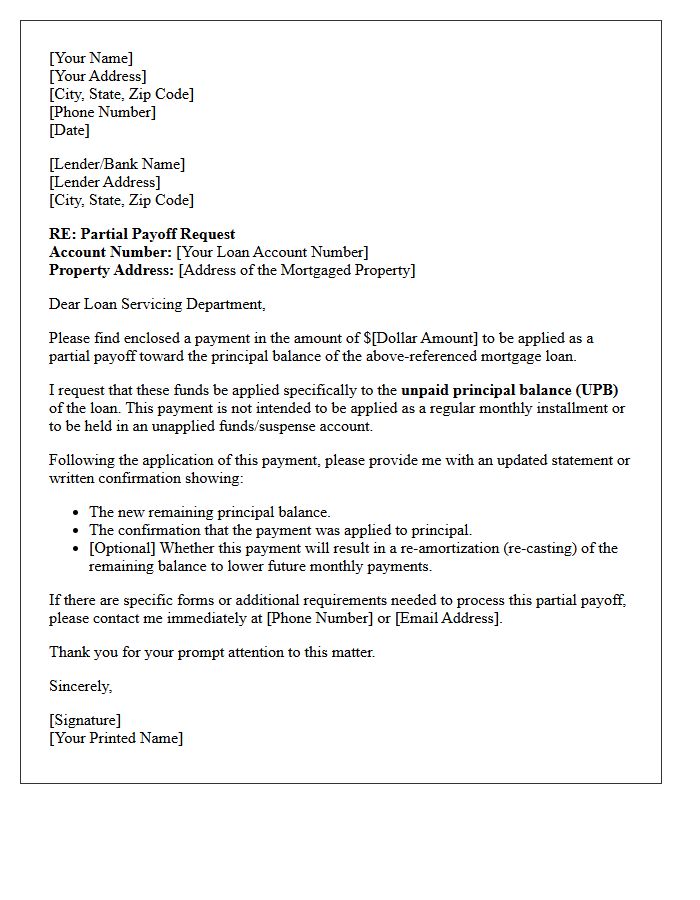 Lien Holder Partial Mortgage Payoff Letter