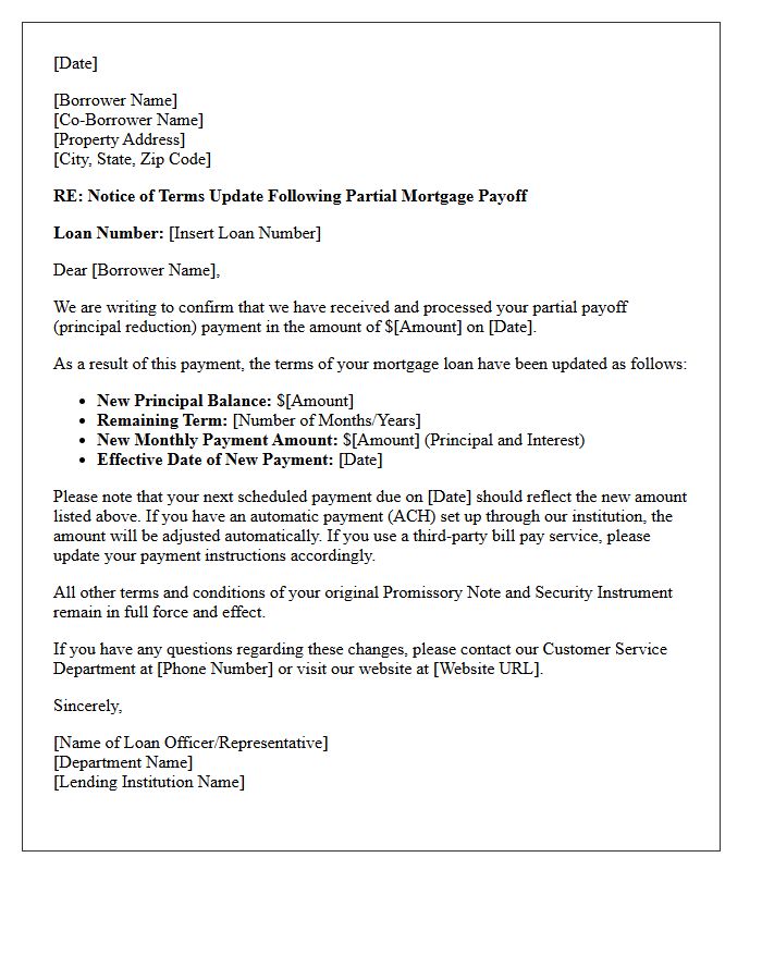 Terms Update Partial Mortgage Payoff Letter