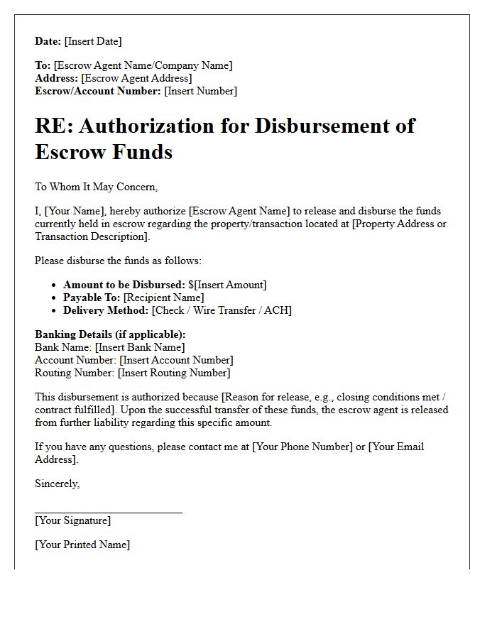 Escrow Funds Disbursement Authorization Letter