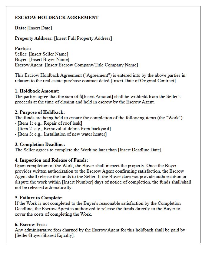 Escrow Holdback Agreement Letter