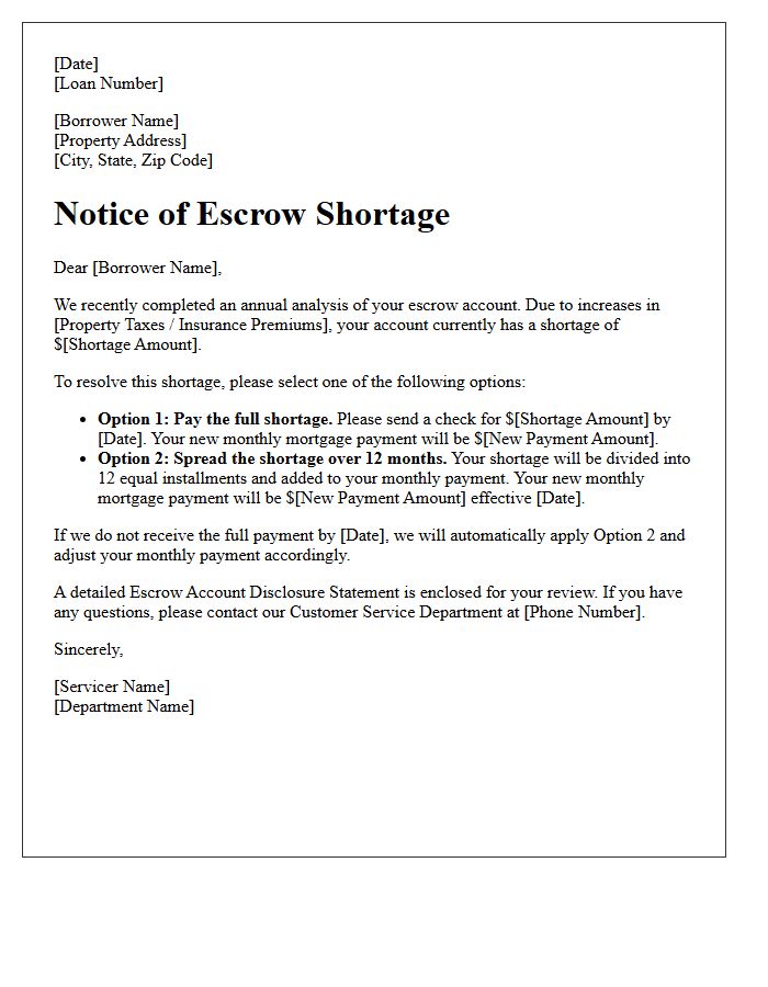 Escrow Shortage Notice And Collection Letter