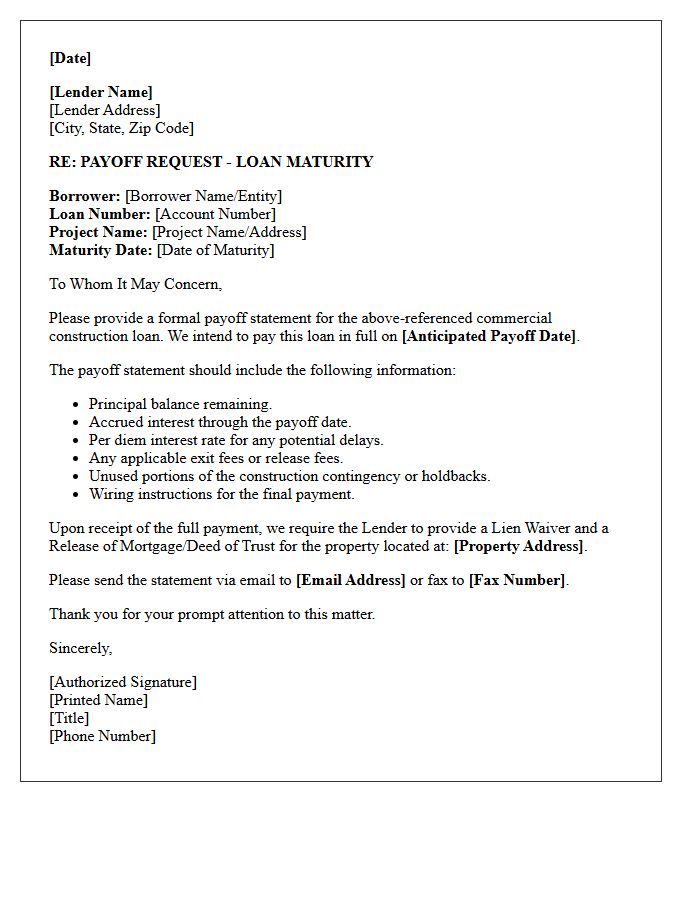 Commercial Construction Loan Maturity Payoff Letter