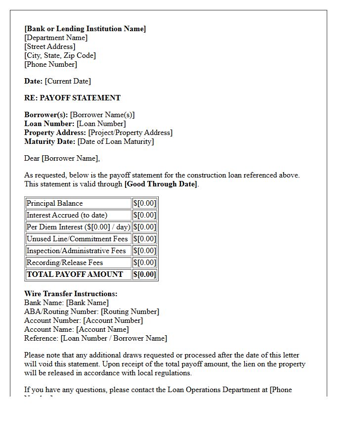 Construction Loan Maturity Payoff Statement Letter