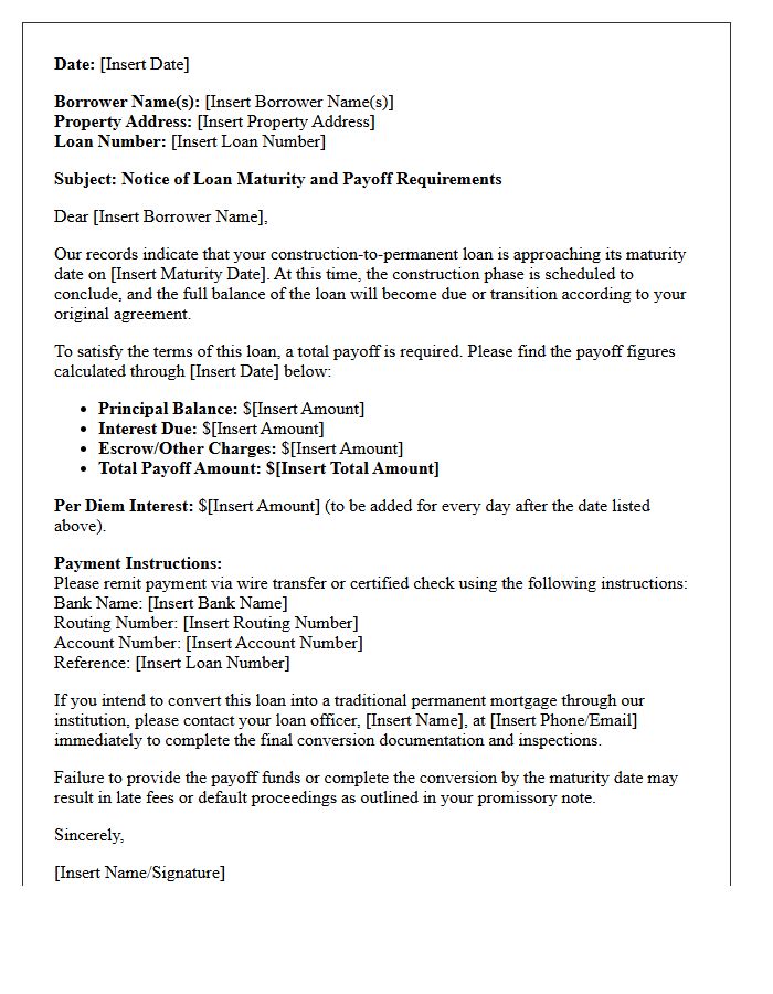 Construction to Permanent Loan Maturity Payoff Letter