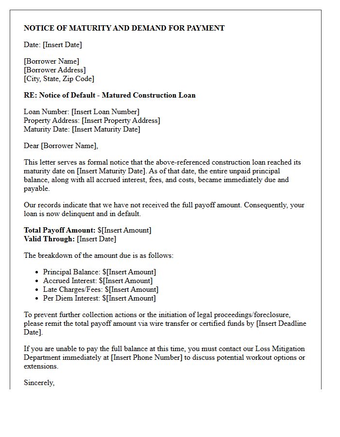 Delinquent Construction Loan Maturity Payoff Letter