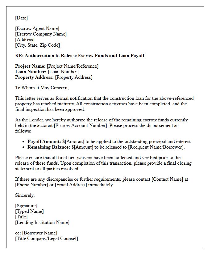 Escrow Release Construction Loan Maturity Payoff Letter