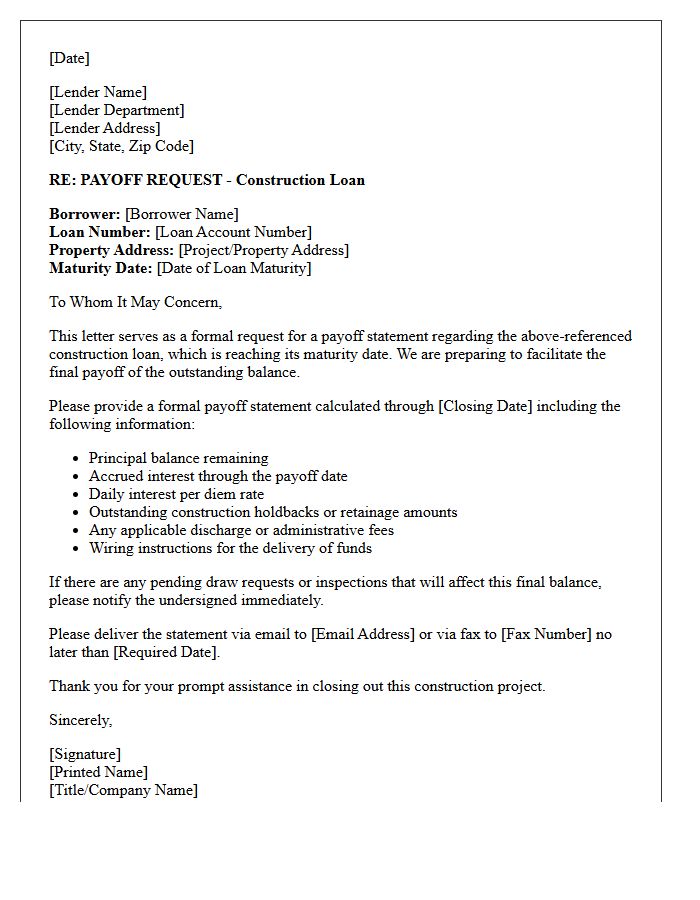 Third Party Construction Loan Maturity Payoff Letter