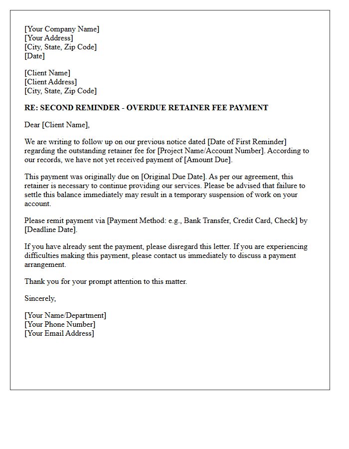 Debt Recovery Second Reminder Letter for Retainer Fees