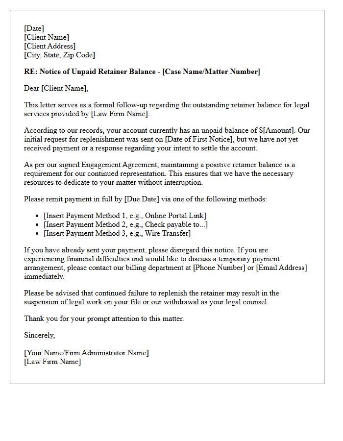 Follow-Up Letter Regarding Unpaid Legal Retainer Balance