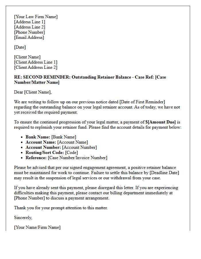 Legal Retainer Outstanding Balance Second Reminder Letter