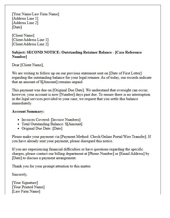 Second Account Statement Letter for Legal Retainer Debt
