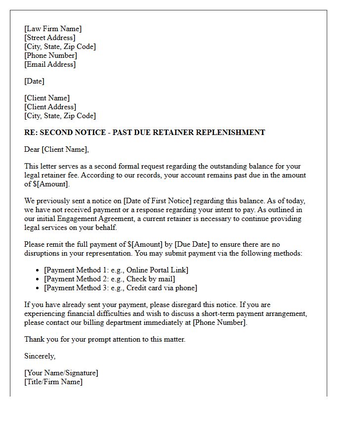 Second Notice Letter for Past Due Legal Retainer Fees