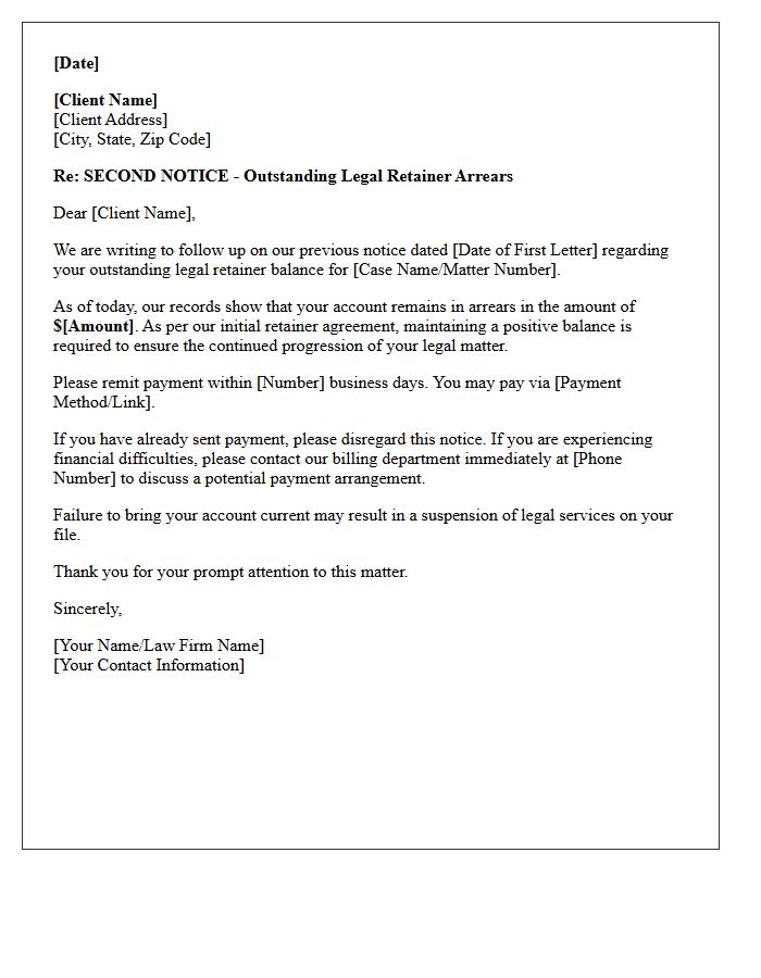 Second Payment Request Letter for Legal Retainer Arrears