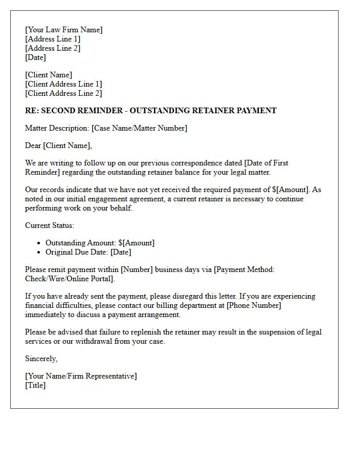 Second Reminder Letter for Outstanding Legal Retainers