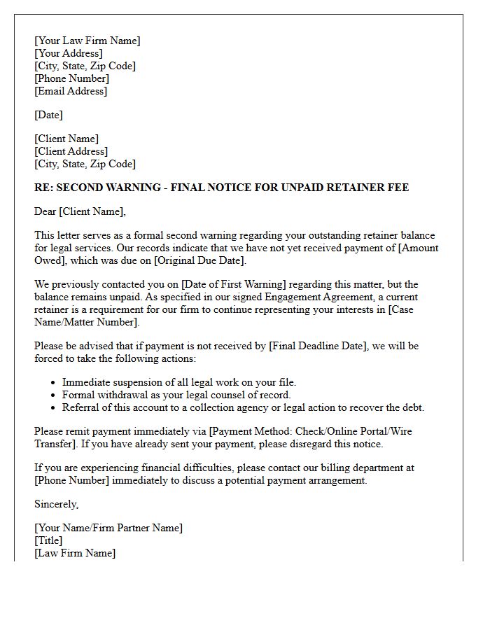 Second Warning Letter for Unpaid Legal Retainer