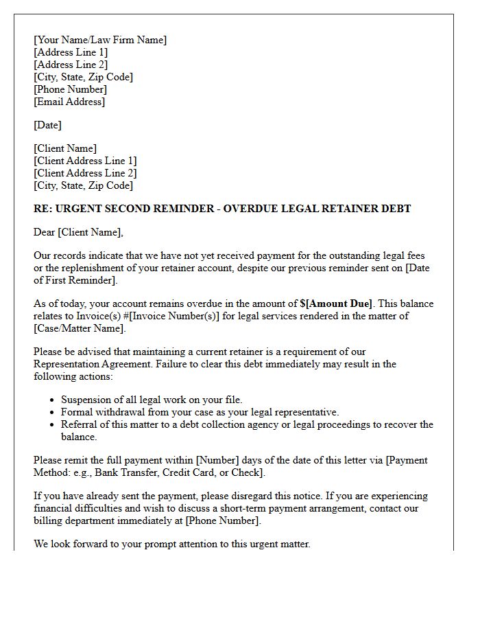 Urgent Second Reminder Letter for Legal Retainer Debt