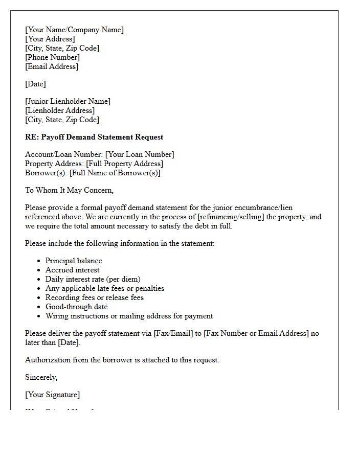 Junior Encumbrance Payoff Request Letter