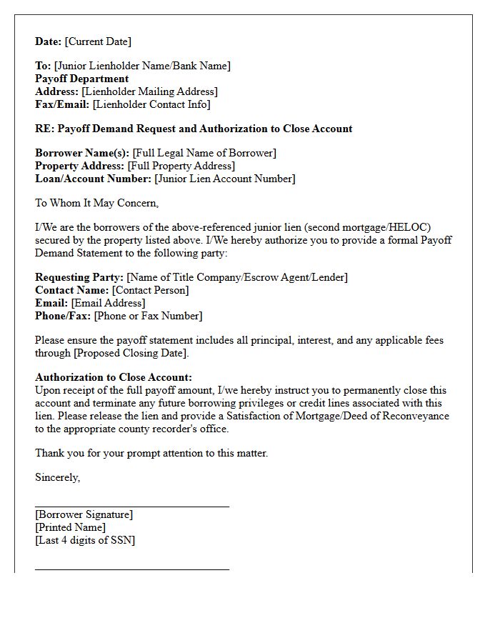 Junior Lien Payoff Authorization Letter