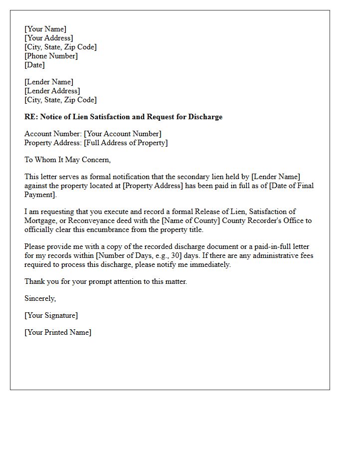 Secondary Lien Discharge Letter