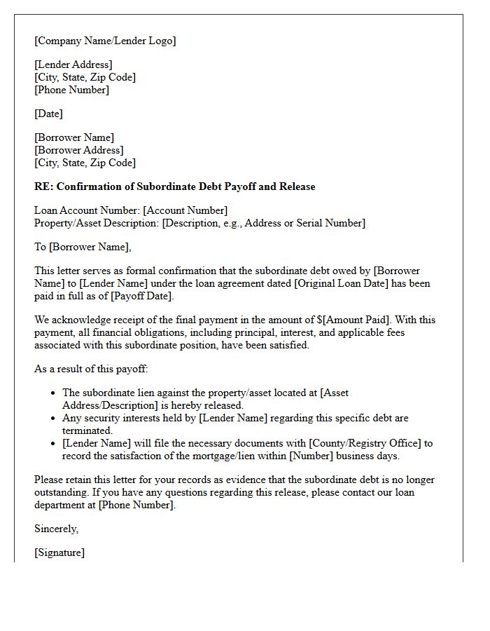 Subordinate Debt Payoff Confirmation Letter
