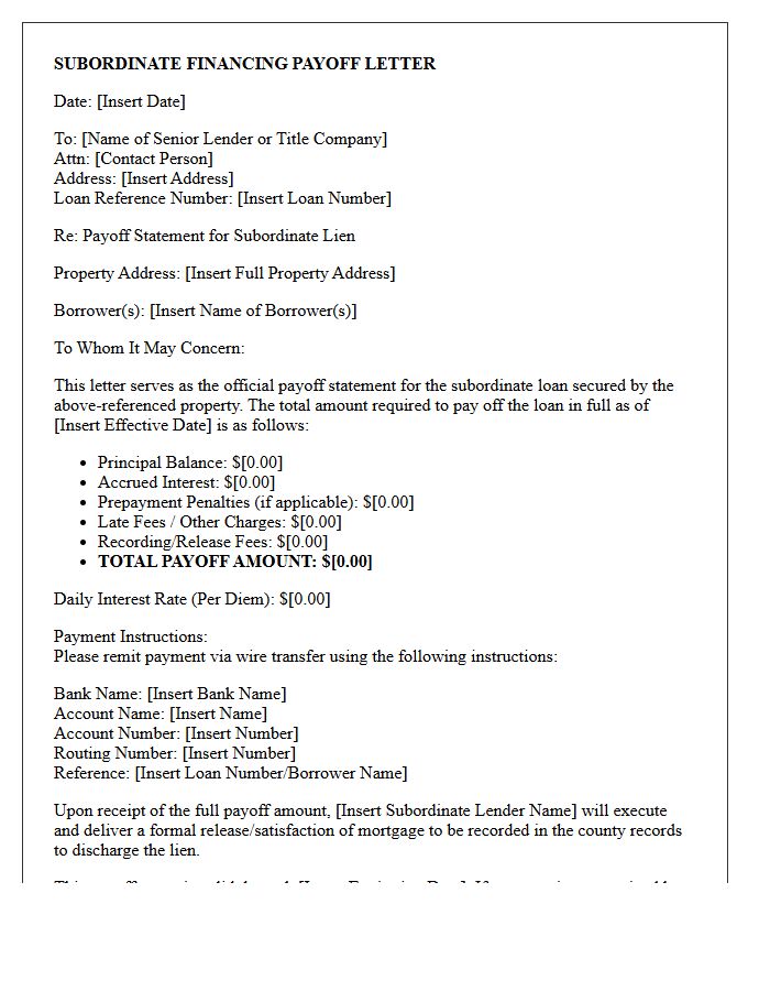 Subordinate Financing Payoff Letter
