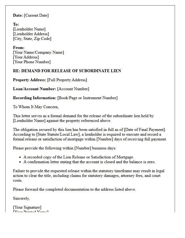 Subordinate Lien Release Demand Letter