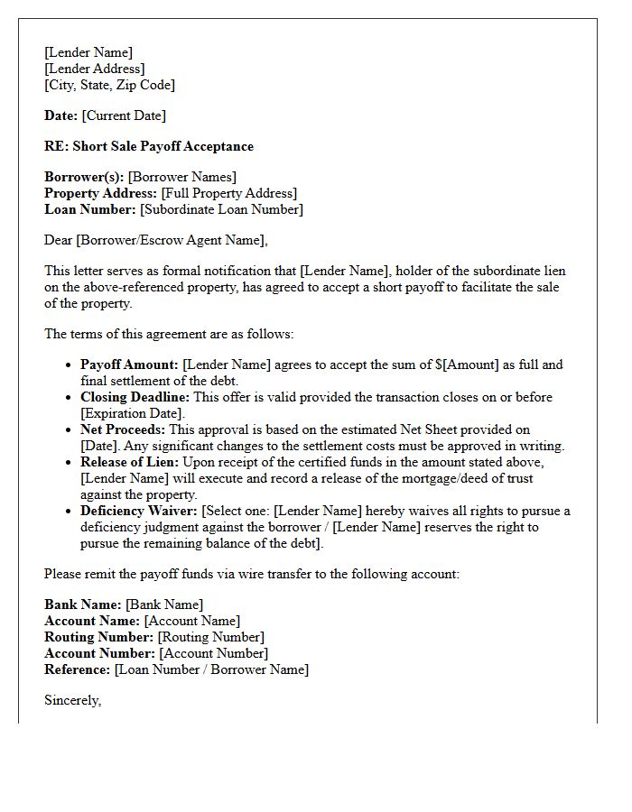 Subordinate Lien Short Sale Payoff Letter
