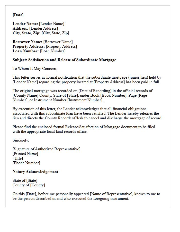 Subordinate Mortgage Satisfaction Letter
