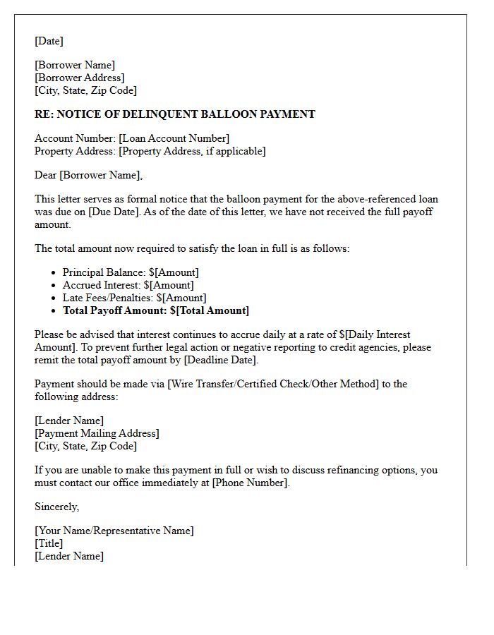 Delinquent Balloon Payment Payoff Notice Letter