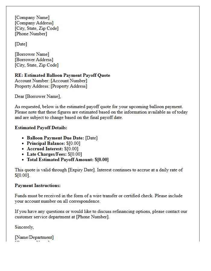 Estimated Balloon Payment Payoff Quote Letter