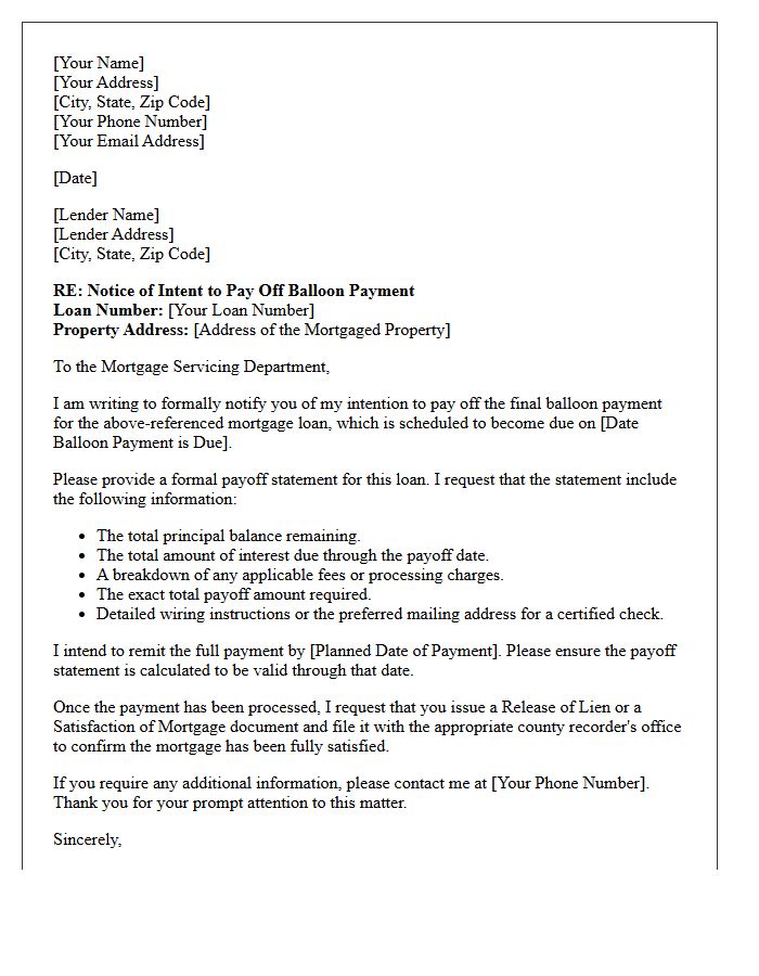 Residential Mortgage Balloon Payment Payoff Letter