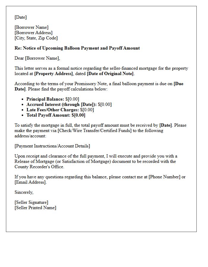 Seller Financed Mortgage Balloon Payment Payoff Letter