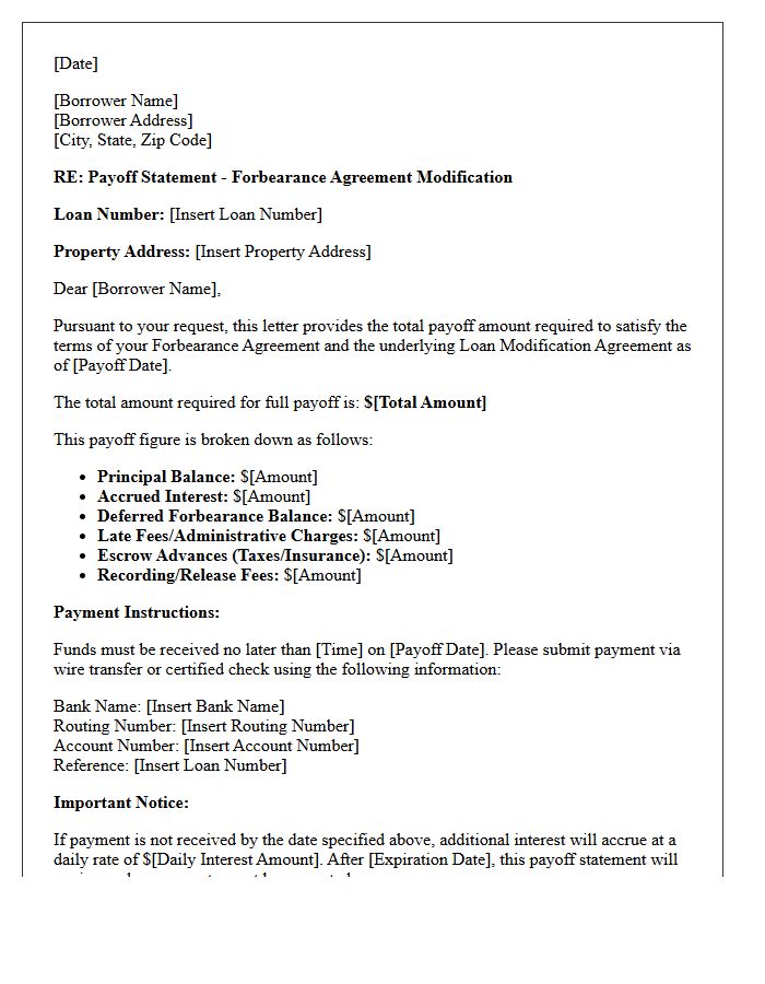 Forbearance Agreement Modification Payoff Letter