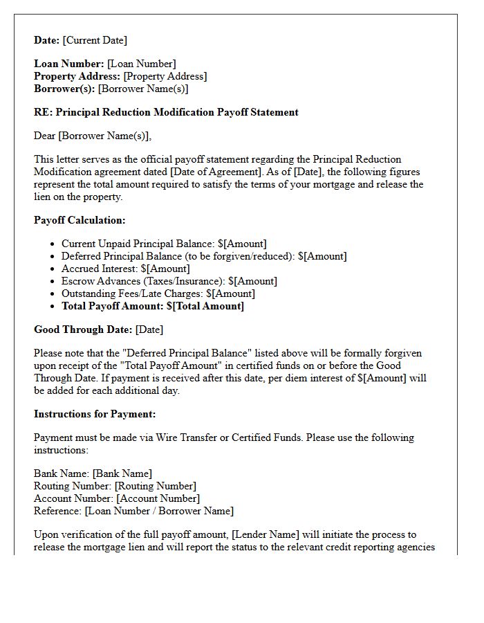 Principal Reduction Modification Payoff Letter