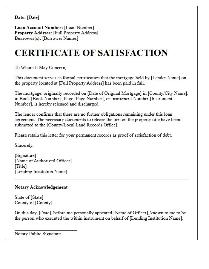 Certificate of Mortgage Satisfaction Letter