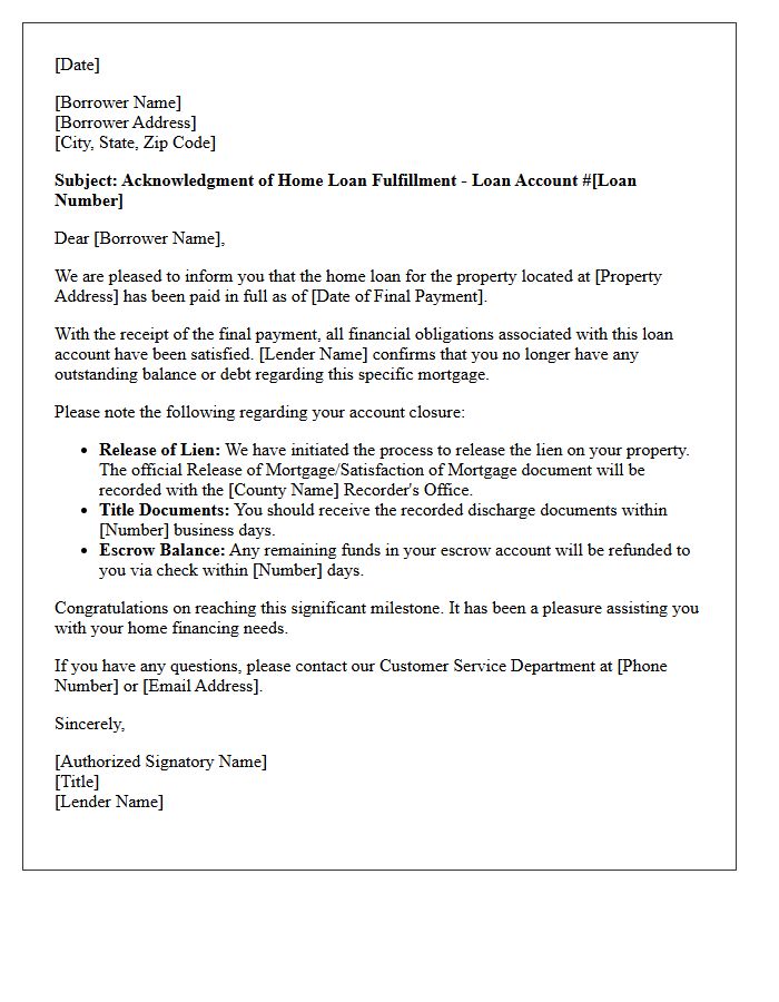 Home Loan Fulfillment Acknowledgment Letter