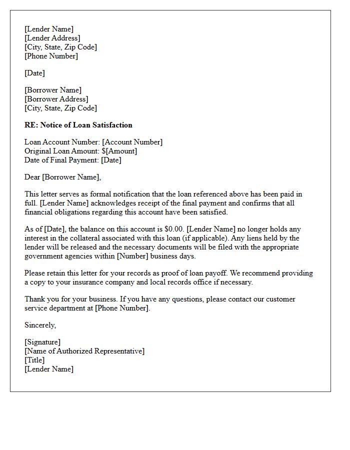 Lender Notice of Loan Satisfaction Letter