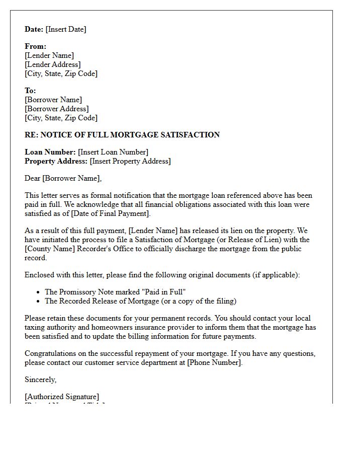Notice of Full Mortgage Satisfaction Letter