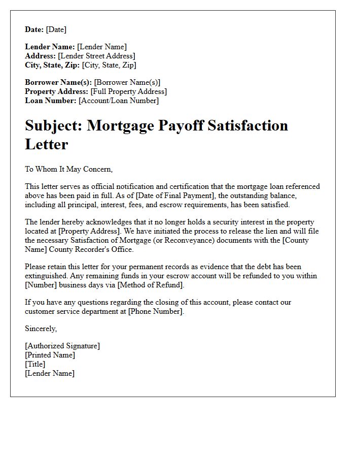 Full Mortgage Payoff Satisfaction Letter