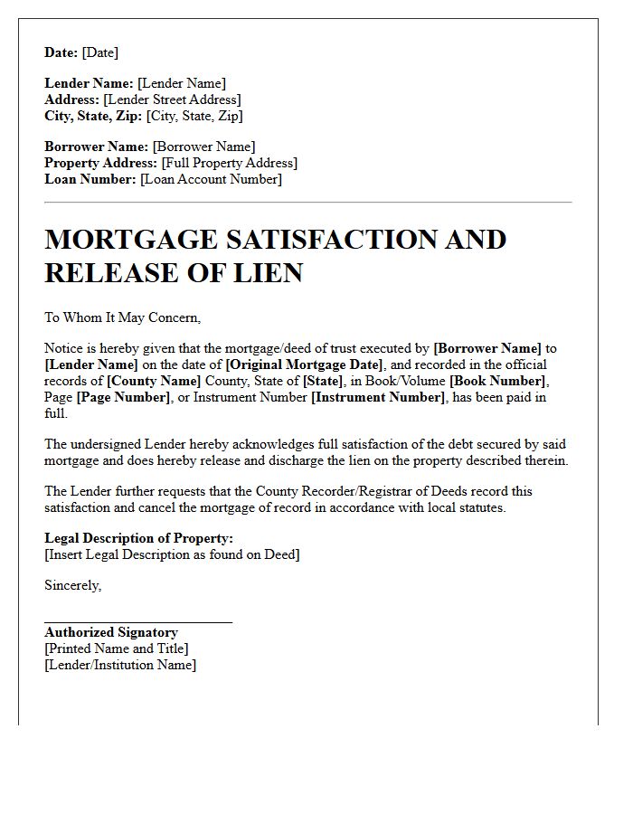 Mortgage Satisfaction and Release Letter