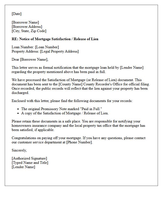 Notice of Mortgage Satisfaction Letter