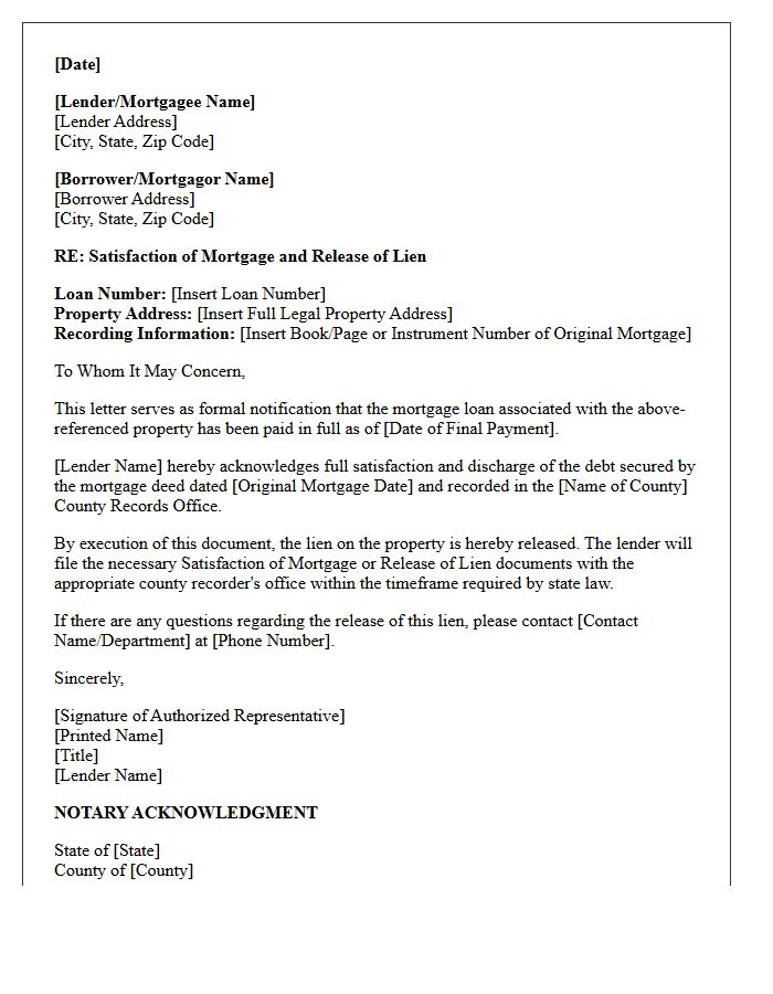 Satisfaction of Mortgage Lien Letter