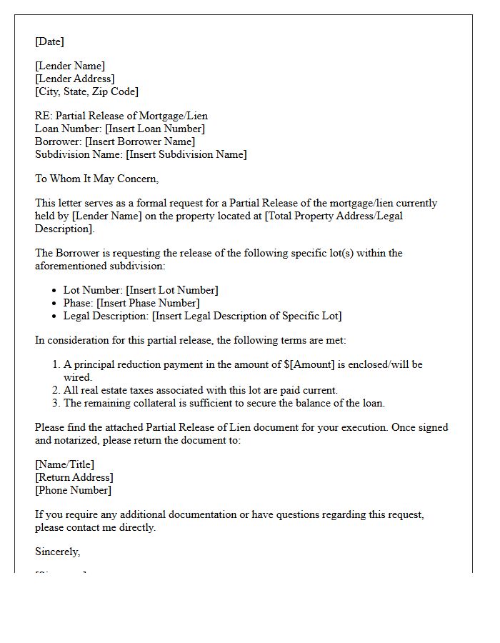 Subdivision Lot Partial Release Letter