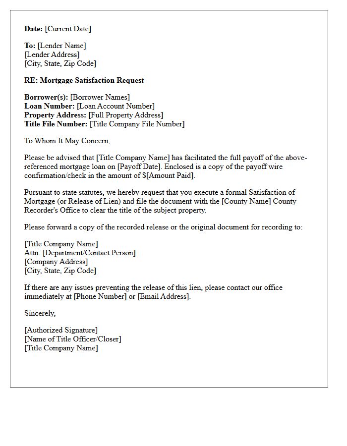 Title Company Mortgage Satisfaction Letter