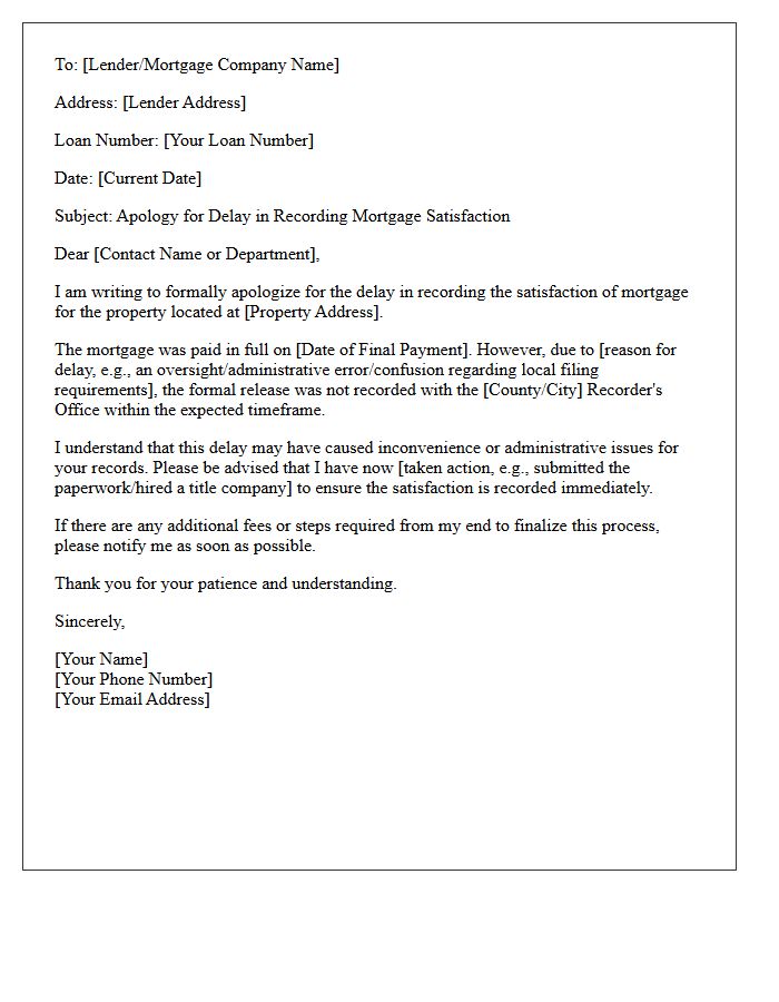 Borrower Apology Letter for Delayed Mortgage Satisfaction Recording