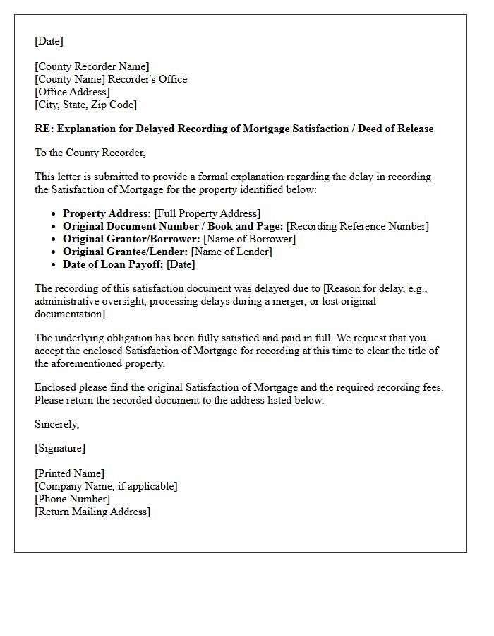 County Recorder Explanation Letter for Delayed Mortgage Satisfaction Recording